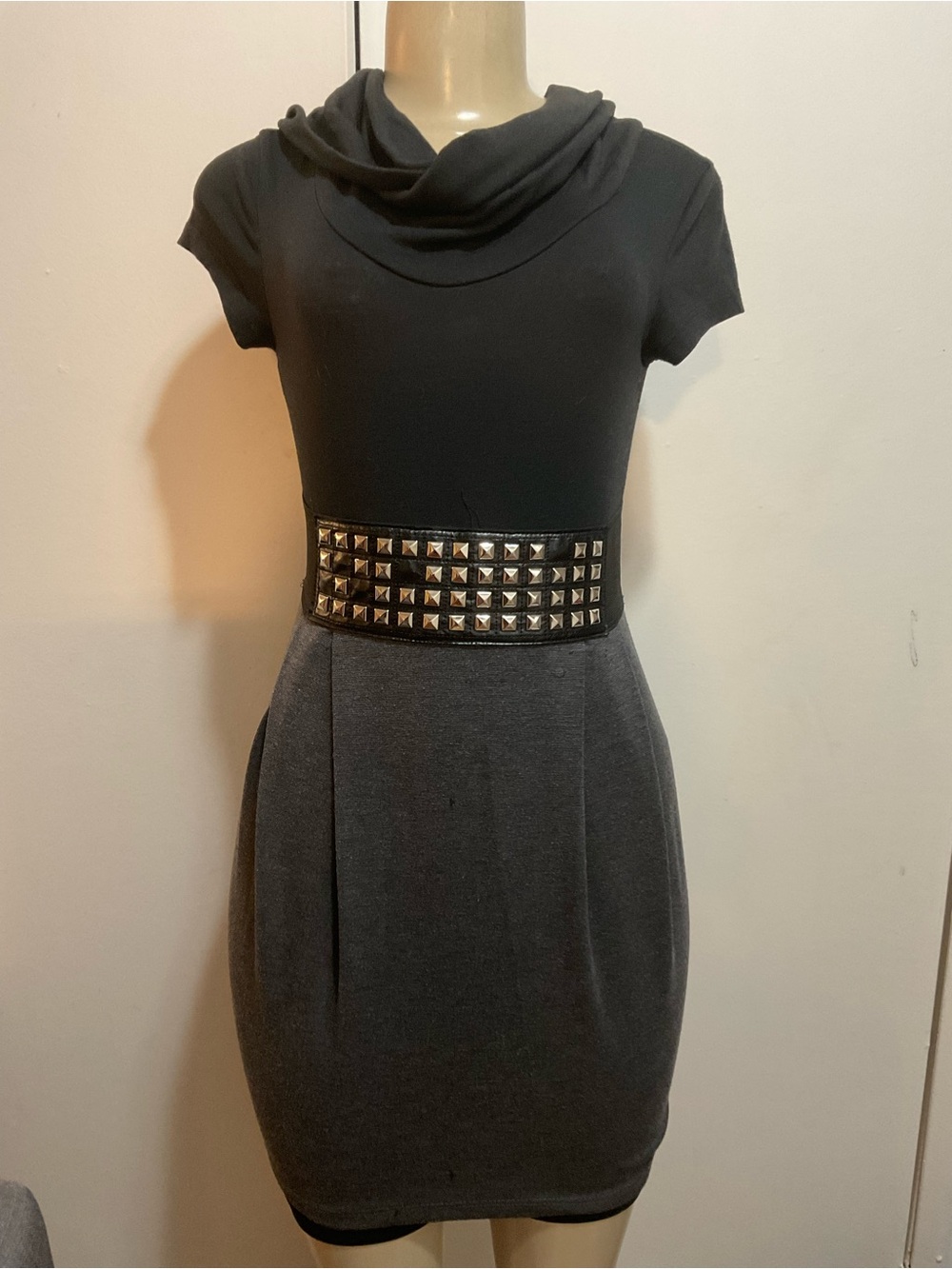 Papaya women’s black & Gray Y2K grunge Studded Waist Cowl Neck Dress size M